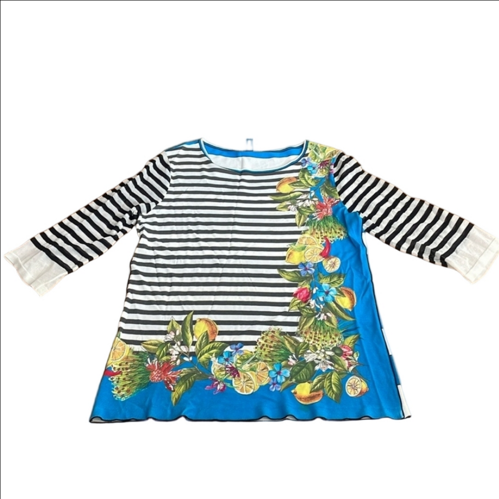 Marc Cain Black and White Striped Top with Blue Detail - Picture 2 of 7